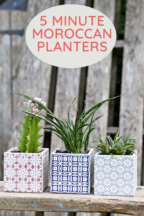 These ceramic tile Moroccan planters only take five minutes to make.  Use sample tiles or tiles leftover from any DIY.  #ceramicplanters #planters Ceramic Tile Crafts, Leftover Tile, Tile Moroccan, Style Tiles, Tile Crafts, Decor Videos, Diy Tile, Diy Outdoor Decor, Tile Projects