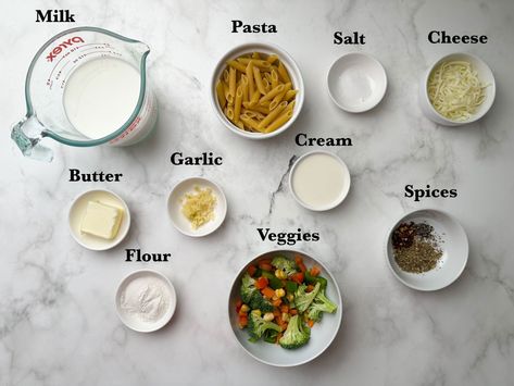 White Sauce Pasta Ingredients Bechamel Sauce Pasta, Homemade White Sauce, White Pasta Sauce Recipe, Bechamel Sauce Recipe, Making White Sauce, Penne Pasta Recipes, Pasta Varieties, White Sauce Recipes, White Sauce Pasta