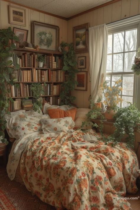 South Of France Bedroom, Cottage Room Ideas Aesthetic, Hobbitcore Bedroom, Grandma Core Bedroom, Warm Room Aesthetic, Cottagecore Bedroom Aesthetic, Vintage Bookshelves, Bed Pics, Vintage Bedroom Ideas