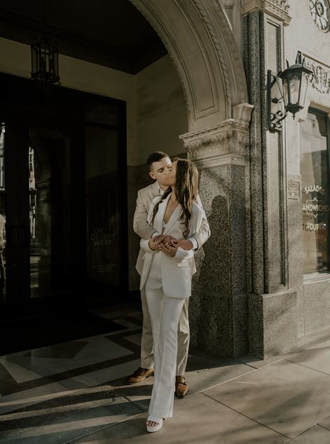 Engagement photo inspo, modern engagement photo, city engagement photo, white bridal suit, white suit, engagement photo outfit, tan suit, neutral suit, engagement shoot, city style, bridal outfit Suit Engagement Photos, White Bridal Suit, Car Engagement Shoot, Suits For Bride, Wedding Suits For Bride, Style White Dress, Modern Engagement Photos, Bridal Sleeves, Wedding Themes Ideas