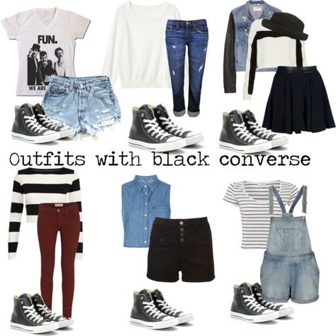 "Outfits with black converse" by eleanorcalderstyleinspired ❤ liked on Polyvore Black Allstars Outfit, Cute Converse Shoes Black, Casual Black Converse Boots, Black And White Converse Outfit, Black Converse Outfit Ideas, Black Beat Up Converse, Black Converse Cheap, Black Converse High-top Sneakers For Streetwear, Black High Top Converse