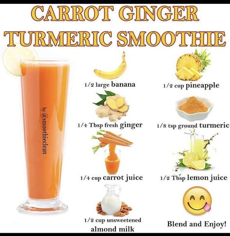 Diet For Clear Skin, Ginger Turmeric Smoothie, Carrot Juice Benefits, Ginger Smoothie Recipes, Inflammation Diet Recipes, Turmeric Drink, Turmeric Juice, Turmeric Smoothie, High Protein Smoothies