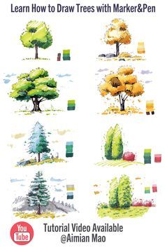 learn how to draw trees with markers. step by step. Tutorials available on YouTube #howtodrawtree #treedrawingtutorial #markertutorial #treeillustration #illustration #markerart Trees In Architecture Drawing, How Draw Tree, Different Trees Drawing, Tree Entourage Architecture, Marker Tree Drawing, Colorful Tree Drawing, Landscape Trees Drawing, Tree Drawing Marker, Tree Drawing With Markers