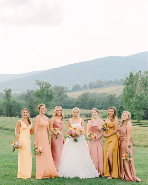 Sunset Mismatched Bridesmaid Dresses, Fall 2024 Bridesmaid Dresses, Bright Pastel Bridesmaid Dresses, Yellow And Peach Bridesmaid Dresses, Sunset Bridesmaid Dress, Peach Floral Bridesmaid Dresses, Sunset Colors Bridesmaid Dresses, Peach And Blue Bridesmaid Dresses, Pastel Sunset Bridesmaid Dresses