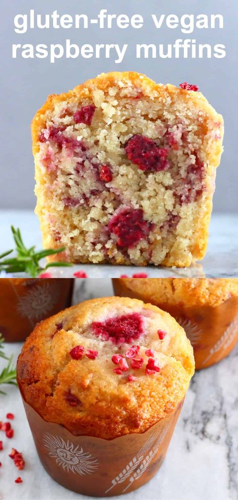 These Gluten-Free Vegan Raspberry Muffins are moist, fluffy and filled with jammy raspberries. The recipe is easily customisable and comes together in one bowl, and they are refined sugar free, dairy-free and egg-free too. A springtime treat that's perfect for breakfast, brunch, a snack or dessert! Great for Valentine's Day, Easter and Mother's Day too! Vegan Muffins Healthy, Raspberry Recipes Healthy, Healthy Raspberry Muffins, Vegan Gluten Free Muffins, Egg Free Muffins, Gluten Free Dairy Free Muffins, Raspberry Recipes Dessert, Raspberry Muffin Recipes, Gluten Free Muffin