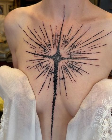 Wood on Instagram: "North Star ( 북극성 ) Textured tattooing done by handcrafted  #woodcuttattoo #engravingtattoo #chesttattoo" Star On Back Tattoo, Seriphum Tattoo, Star Throat Tattoo, Zodiac Back Tattoo, Star Tattoo Sleeve Women, Grunge Tattoo Back, Star Tattoo Back, Spiral Chest Tattoo, Sternum Star Tattoo