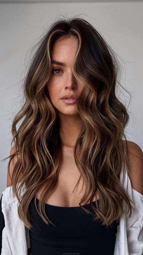 Embrace fall with bronde balayage! Discover the warm, natural tones that are trending this season #fallhaircolor #brondebalayage #autumnhair #fallhairtrends #brondehair #fallbalayage #hairinspo #brondehighlights #sunkissedhair #fallhairideas Caramel Balayage Pale Skin, Very Light Highlights On Dark Hair, Winter Hair Colour For Brunettes, Hair Colors For Black Eyebrows, Toned Balayage Brunettes, Caramel Balayage On Brunette Hair, Brown Light Brown Balayage, Chocolate Hair Money Piece, Highlights Brown Hair For Brown Skin