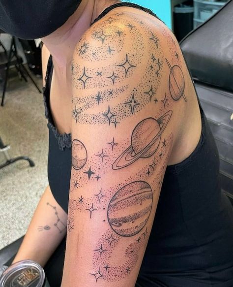 Stardust and planets arm tattoo Space Arm Tattoo, Tattoo Planets, Space Tattoo Sleeve, Spaceship Tattoo, Space Tattoos, Shoulder Sleeve Tattoos, Girl Thigh Tattoos, Girl Arm Tattoos, Planet Tattoos