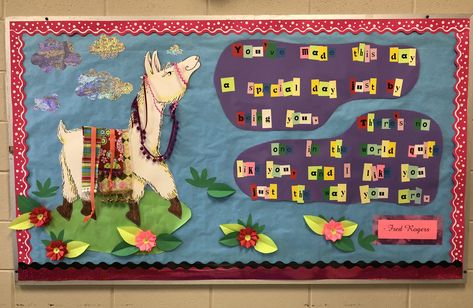 Llama bulletin board—quote from Mr. Rogers is perfect for positive beginning of the school year message to students. Flowers are origami paper bows. Bright scraps of fabric and trim make the saddle blanket dimensional. Llama Bulletin Board, English Paragraph, Llama Classroom, Teacher Classroom Ideas, Desert Canyon, Paper Bows, Bulletin Boards Classroom Decor, Desert Theme, Classroom Doors