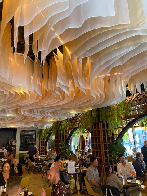 Restaurant Drop Ceiling Ideas, Architectural Ceiling Design Modern, Restaurants Ceiling Design, Fabric Ceiling Restaurant, Fabric Ceiling Installation, Fabric Ceiling Design, Fabric Ceiling Ideas, Organic Ceiling Design, Ceiling Covering Ideas