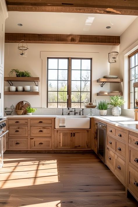 Old Farmhouse Kitchen Remodel Cabinet Colors, Farmhouse Kitchen White Countertops, Natural Wood Cupboards Kitchen, Light Wood Kitchen Cabinets Green Backsplash, Wood Quartz Countertops, Cottage Kitchen With Wood Cabinets, Natural Farmhouse Kitchen, Lightwood Kitchen Cabinets, Kitchen With No Overhead Cabinets