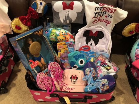 First Trip to Disney Suitcase/Easter Basket Disney World Easter Basket, Disney Themed Easter Basket, Disney Basket Ideas, Disney Easter Basket Ideas, Mickey Easter Basket, Road Trip Basket, Disney Easter Basket, Disney Gift Basket, Disney Suitcase