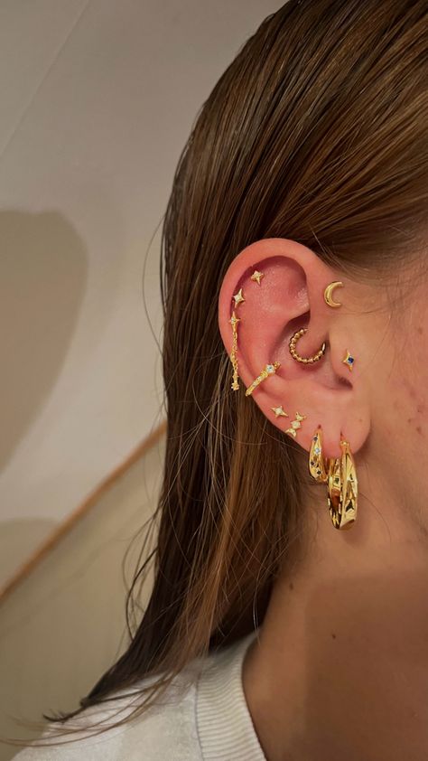 Gold Ear Stacking, Lots Of Gold Earrings, Piercings Up The Ear, Entire Ear Pierced, Ear Piercing Ideas Colorful, Meet The Piercings, Chunky Ear Piercings, Gold Earscapes, Ear Piercing Arrangements