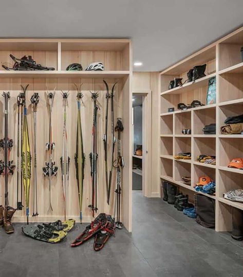 Inside this spectacular ski house with a scenic overlook of Sugarloaf Mountain Ski House Mudroom, Ski Room Ideas, Ski Condo Remodel, Ski Mudroom Ideas, Ski Mudroom, Ski Mud Room, Gear Room Organization, Gear Room Ideas, Modern Ski House