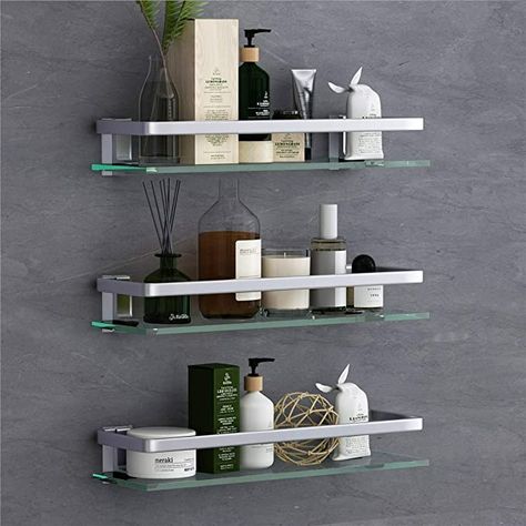 VOLPONE Glass Wall Shelf 3 Tier Bathroom Shower Glass Shelf Wall Mounted Metal Storage Floating Shelves for Kitchen 15.7inch (Sliver) - - AmazonSmile Womans Bedroom, Toiletries Shelf, Bathroom Glass Shelves, Bathroom Wall Organizer, Glass Wall Shelf, Waterfall Home, Bathroom Wall Shelf, Bathroom Floating Shelves, Glass Bathroom Shelves