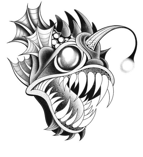 Black And Grey Tattoo Design Drawings, Anglerfish Drawing, Anglerfish Tattoo, Black And Grey Tattoo Ideas, Angler Fish Drawing, Black And Grey Tattoo Design, Angler Fish Tattoo, Aquatic Tattoo, Detailed Tattoos