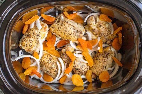 Slow cooker apricot chicken is an easy recipe using chicken thighs and dried apricots for a delicious dinner with big, fresh flavor and an intoxicating aroma - your kitchen will smell amazing! Slow Cooker Apricot Chicken, Slower Cooker, Apricot Chicken, Crock Pot Ideas, Recipe Using Chicken, Food On The Table, Slow Cooked Meals, Slow Cooker Recipes Healthy, Healthy Slow Cooker