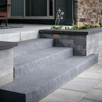 Widening Front Steps, Front Door Steps Ideas Entrance Stairs Modern, Sandy Landscape Ideas, Stair Outside House, Back Door Steps To Patio With Landing, Modern Front Steps Entrance, Exterior Steps With Landing, Concrete Patio Steps Ideas, Front Landing Ideas