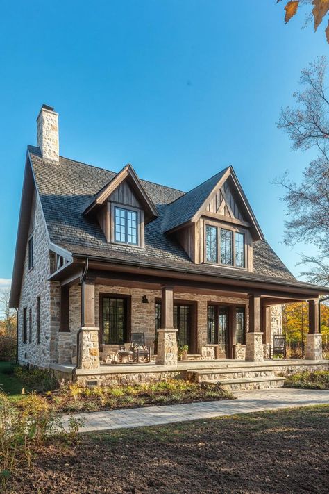 Metal And Stone House Exterior, Stone Exterior Houses Farmhouse, Stone Home Exteriors, Gabled Roof, Cottage Houses, Large Porch, Stone Exterior Houses, Terracotta Roof, Stone Farmhouse