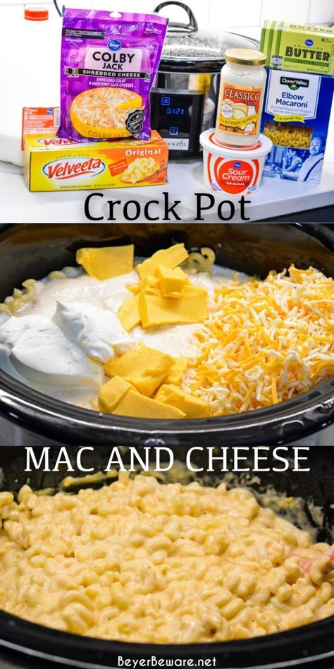 A creamy crock pot mac and cheese recipe made with velveeta that can be ready in two hours and let's you fix it and forget it on a busy night. Crockpot Mac And Cheese With Alfredo Sauce, Queso Mac And Cheese Crock Pot, Crockpot Shells And Cheese, Dinner Ideas With Velveeta Cheese, Velvetta Mac N Cheese Recipe, Simple Crockpot Mac And Cheese, Creamy Crockpot Mac And Cheese Recipe, Mac And Cheese Velveeta, Mac N Cheese Velveeta