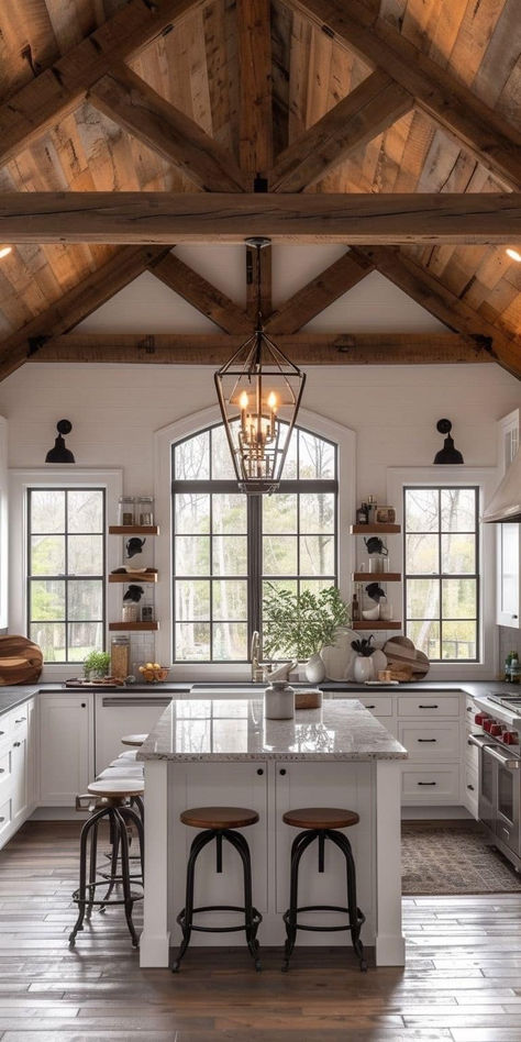 Cathedral Kitchen, Cathedral Ceiling Kitchen, Cathedral Ceiling Living Room, Floating Shelves Rustic, Vaulted Ceiling Ideas, Wall Floating Shelves, Vaulted Ceiling Kitchen, Shelves For Bathroom, Kitchen Layouts With Island