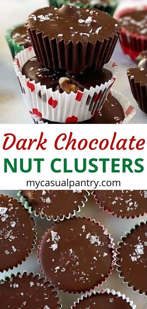 Dark Chocolate Nut Clusters, Chocolate Covered Walnuts Clusters, Chocolate Covered Nuts Clusters, Nut Clusters Recipe, Dark Chocolate Christmas Treats, Chocolate Covered Nuts Recipe, Chocolate Christmas Bark, Chocolate Nut Clusters, Nut Cluster Recipe