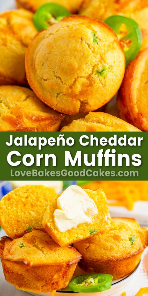 Jalapeño Cheddar Corn Muffins pin collage Cheesy Corn Muffins, Jalapeño Cornbread Muffins, Moist Cornbread Muffins, Jalapeno Corn Muffins, Corn Muffins Recipe, Cheesy Snacks, Cheddar Corn, Cornbread Muffin, Cornbread Muffins Recipe