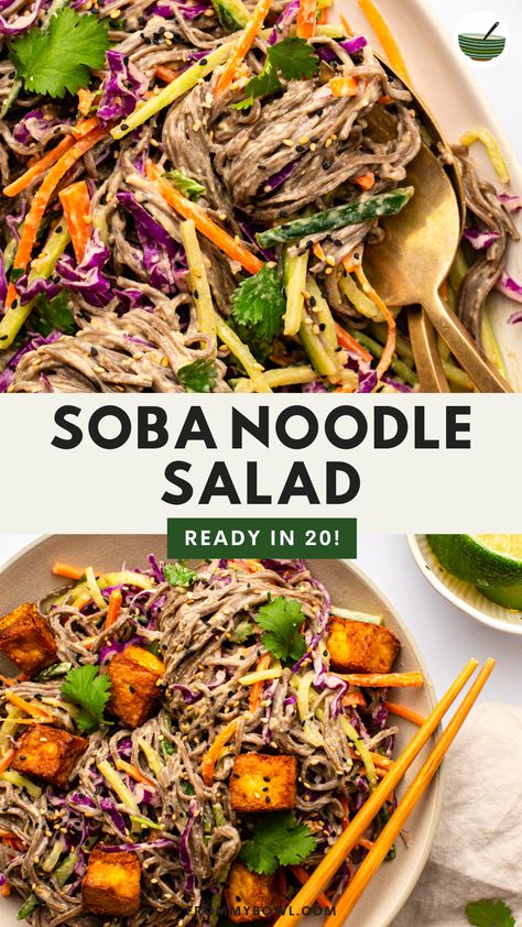 This quick and delicious Cold Soba Noodle Salad is satisfying, rich in veggies, and tossed in a simple peanut sauce. Vegan, Gluten-free, Oil-free option, Nut-free option. Soba Noodle Salad Recipe, Simple Peanut Sauce, Noodle Salad With Peanut Sauce, Cold Soba Noodle Salad, Bowl Dinners, Vegan Peanut Sauce, Salad With Peanut Sauce, Peanut Sauce Noodles, Easy Peanut Sauce