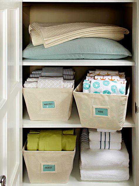 Organizing no-no: Not Subdividing Storage- bins, containers, trays, baskets, and the all-important labels can quickly restore storage calm. Subdivide by color or type of item, and label shelves, too. Organiser Son Dressing, Sheet Storage, Airing Cupboard, Organizing Linens, Linen Closets, Organized Closet, Linen Cupboard, Linen Closet Organization, Organizing Labels