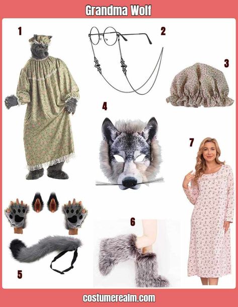 Wolf In Grandma Costume, Granny Wolf Costume Diy, Granny Wolf Costume, Shrek Wolf Costume, Grandma Wolf Costume, Shrek Swamp, Wolf Costumes, Red Riding Hood Grandma, Shrek Halloween