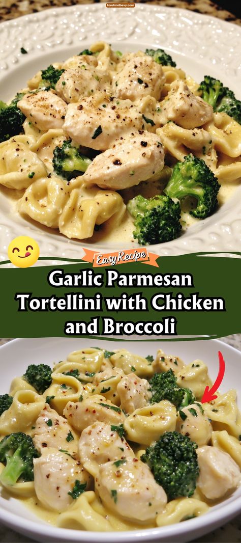 Indulge in the rich flavors of Garlic Parmesan Tortellini with Chicken and Broccoli. This dish features cheese-filled tortellini and tender chicken pieces, all tossed in a creamy garlic and Parmesan sauce with vibrant, nutritious broccoli. It's a hearty, comforting meal that's easy to prepare and sure to please the whole family. #TortelliniDinner #GarlicParmesan #WeeknightMeals Pesto Chicken With Tortellini, Tortellini With Broccoli Recipes, Creamy Chicken Tortellini Pasta, Chicken And Tortellini Recipes Simple, Cheese Tortellini Casserole Recipes, Creamy Chicken And Tortellini, Garlic Parmesan Tortellini With Chicken, Lemon Chicken Tortellini, Garlic Parmesan Tortellini With Chicken And Broccoli