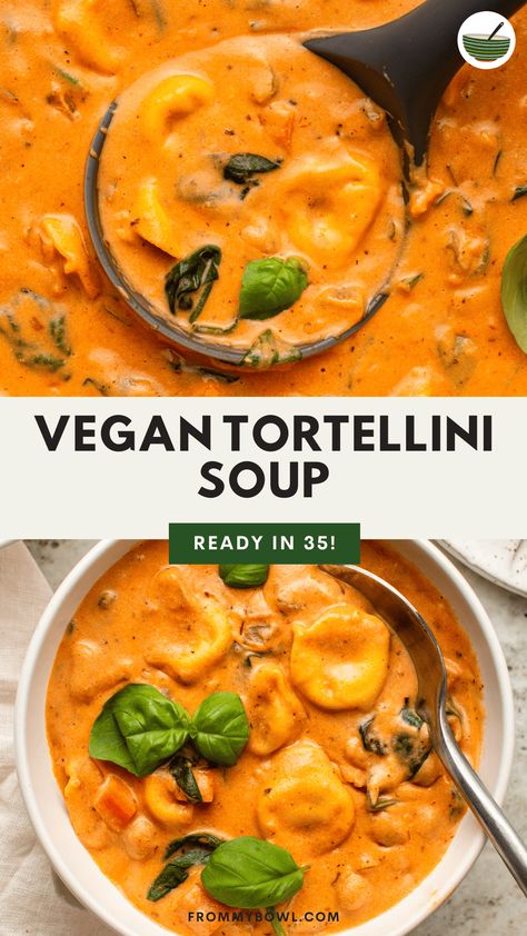 This creamy Vegan Tortellini Soup is an easy one-pot recipe made with dairy-free tortellini, lentils or beans, and wholesome veggies in a luxurious tomato broth. It’s vegan comfort food but with a healthy twist! Vegan, Nut-Free and Gluten-Free Options.