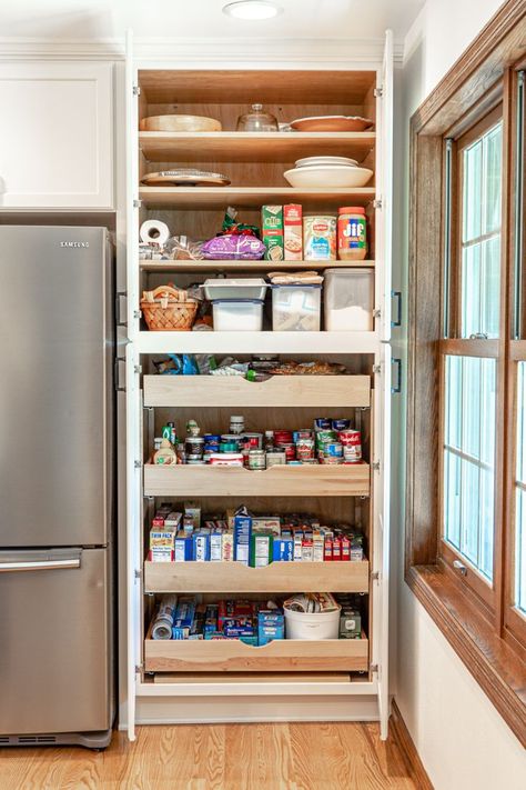 Pantry Pull Out Drawers, Kitchen Built In, Custom Pantry, Built In Pantry, Pantry Remodel, Open Plan Kitchen Living Room, Minimal Kitchen, Pantry Cupboard, Apartment Makeover