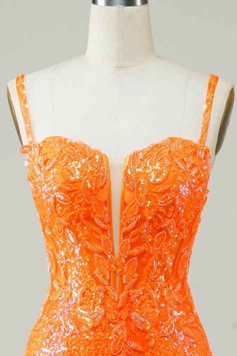 Orange Hoco Dress, Orange Spaghetti, Orange Homecoming Dresses, Teal Cocktail Dress, Fancy Short Dresses, Cute Formal Dresses, Sequin Homecoming Dress, Lovely Partner, Hoco Dress