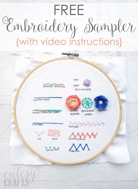 Embroidery Stitch Sampler 2 Pattern - Cutesy Crafts Embroidery Stitch Sampler, 심플한 그림, Embroidery Hoop Art Diy, Embroidery Stitches Beginner, Creeper Minecraft, Advanced Embroidery, Stitch Sampler, Embroidery Sampler, Embroidery Stitch