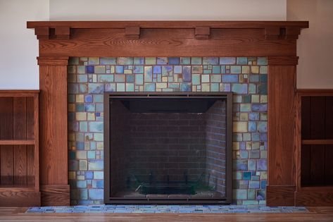 Craftsman Fireplace Tile, Colorful Tile Fireplace, Craftsman Tile Fireplace, Arts And Crafts Fireplace Surround, Mosaic Tile Fireplace Surround, Craftsman Bungalow Fireplace, Craftsman Fireplace Surround, Greenhouse Lounge, Craftsman Fireplace Ideas