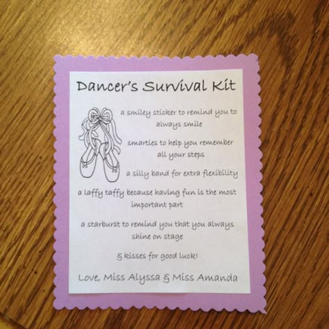 Made these for my little dancers ! Dancer Survival Kit, Dance Survival Kit Diy Gift Ideas, Cheerleading Treats, Dance Survival Kit, Dance Competition Gifts, Dance Gift Ideas, Competition Gifts, Recital Gifts, Dancer Gifts