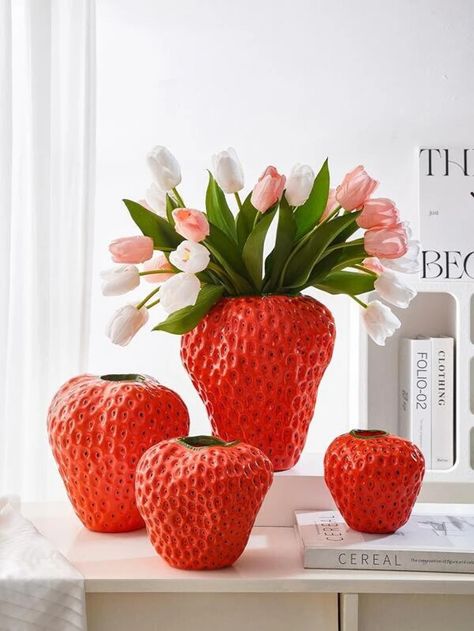 Cute Vase Designs, Unique Vases For Flowers, Fun Vases, Strawberry Nursery, Wedding Shower Theme, Strawberry Vase, Teapot Decorations, Strawberry Wedding, Cheap Vases