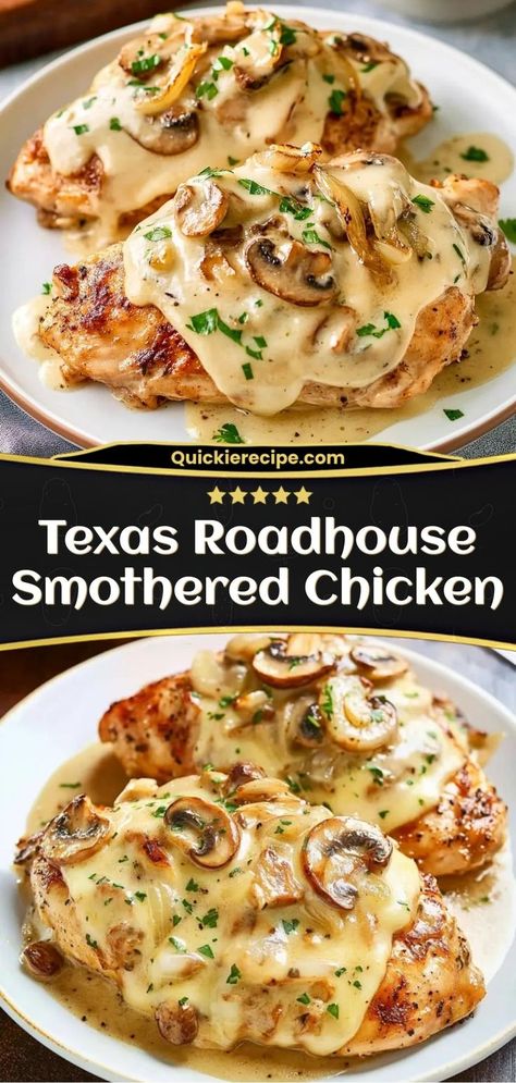 This Smothered Chicken is tender, juicy, and topped with sautéed mushrooms, onions, and melty cheese. It’s a hearty and flavorful dish inspired by a Texas Roadhouse favorite. Ingredients: 4 boneless, skinless chicken breasts 1 cup mushrooms, sliced 1 cup onions, sautéed 1 cup shredded Monterey Jack or cheddar cheese A savory, restaurant-style meal you can make at home Smothered Chicken With Mushrooms, Texas Roadhouse Smothered Chicken, Boneless Skinless Chicken Breast Recipes, Chicken Breast Oven Recipes, Skinless Chicken Breast Recipes, Smothered Chicken Recipes, Chicken With Mushrooms, Chicken Boneless Breast Recipes, Cheese At Home