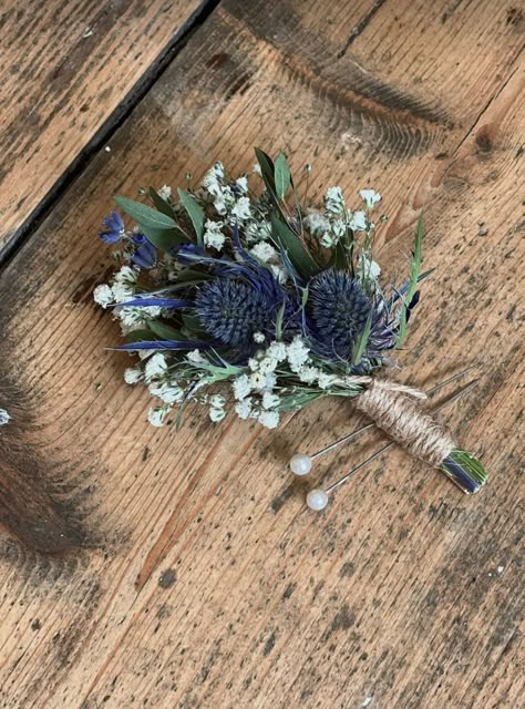 Thistle Buttonhole, Thistle Wedding Flowers, Coffin Flowers, Thistle Bouquet Wedding, Planning 2025, Thistle Boutonniere, Thistle Bouquet, Dried Gypsophila, Thistle Wedding