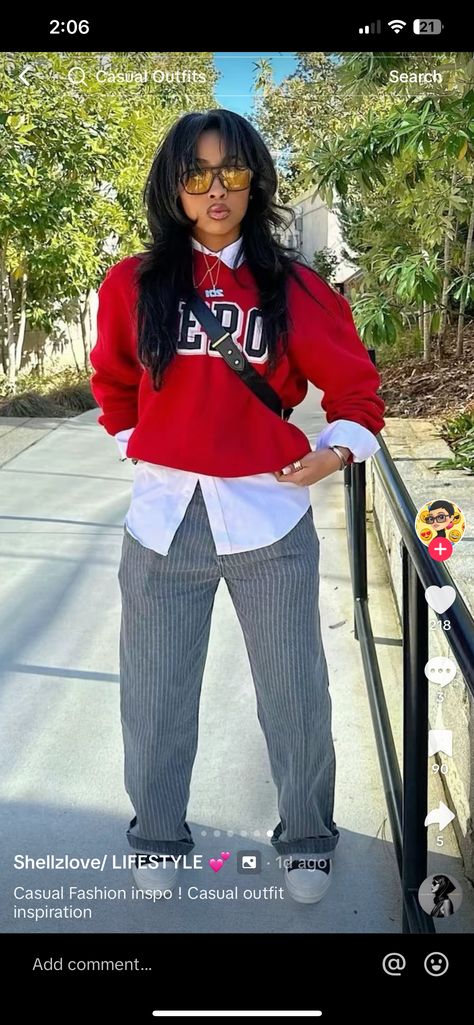 Pakaian Hipster, Street Style Outfits Casual, Cute Professional Outfits, Tomboy Outfits, Red Sweater, Cute Swag Outfits, Fall Fits, Streetwear Fashion Women