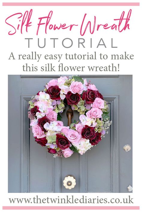 A really really easy tutorial to make this beautiful DIY faux flower wreath — super simple and looks a million dollars. Artificial Flower Wreath Diy, How To Make A Flower Wreath, Flower Reef, Flower Wreath Tutorial, Beautiful Door Wreaths, Silk Flower Wreaths, Bouquet Tutorial, Easy Diy Wreaths, Fleurs Diy