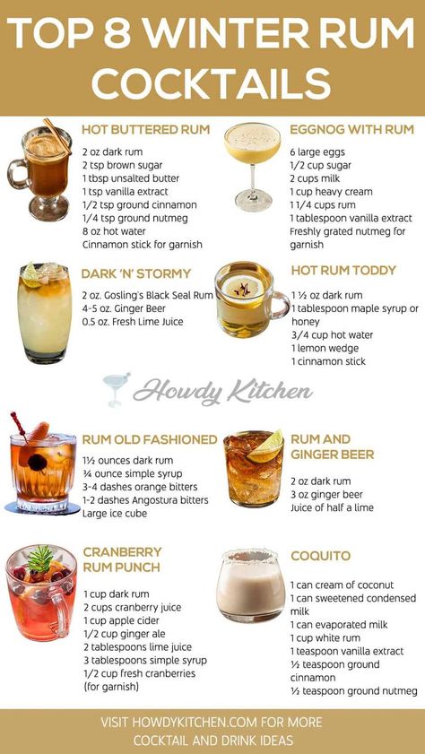 Winter rum cocktails in elegant glassware, featuring vibrant garnishes like oranges, cranberries, and star anise, perfect for holiday gatherings. Rum Toddy Recipe, Alcoholic Drinks Rum, Winter Drinks Alcoholic, Warm Winter Cocktails, Frozen Drinks Alcohol, Warm Winter Drinks, Bartender Drinks Recipes, Winter Cocktail, Bartender Drinks