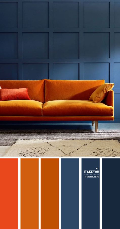 Earth Tone Color Combos For Minimalist bathroom 1 - I Take You | Wedding Readings | Wedding Ideas | Wedding Dresses | Wedding Theme Rust Color Schemes, Blue And Orange Living Room, Design Seed, Dark Blue Living Room, Orange Couch, Orange Sofa, Living Room Orange, Color Schemes Colour Palettes, Living Room Color Schemes