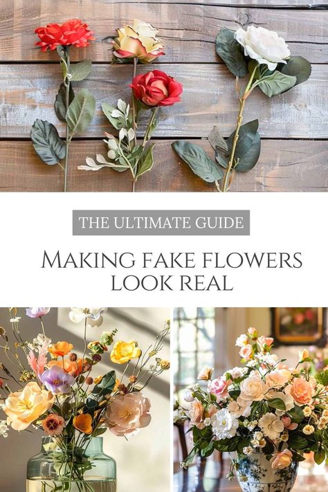 Master the art of making fake flowers look real. With a few simple tricks, you can easily make realistic fake flower arrangements that look just as beautiful as real ones. Learn which type is the best to use, how to treat them in different types of containers, how to prep and care for them, and more. Crafts With Faux Flowers, Diy Fake Floral Centerpieces, Diy Faux Wedding Flowers, Mixing Real And Fake Flowers Wedding, How To Make Fake Flower Arrangements, Making Artificial Flower Arrangements, Diy Realistic Flowers, How To Make Artificial Flowers Look Real, Realistic Fake Flowers