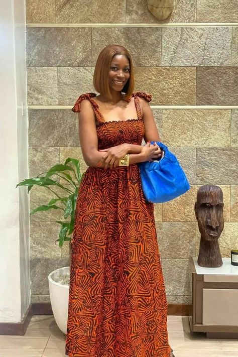 Ankara Rap Gowns, Beautiful Silk Dresses, Spaghetti Hand Ankara Gown, Shirred Ankara Dress, Carribean Gown Styles Ankara, Madam Styles For Ankara, Adire Outfits For Ladies, Cute Ankara Styles For Ladies, Ankara Fitted Gown Styles Long