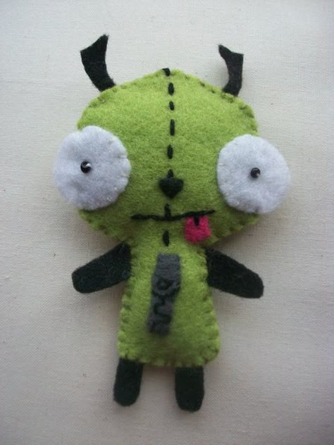 Invader Zim Gir, Zim Gir, Stuffed Teddy Bear, Cute Sewing Projects, Pink Felt, Sewing Stuffed Animals, Invader Zim, Felt Crafts, Bright Green