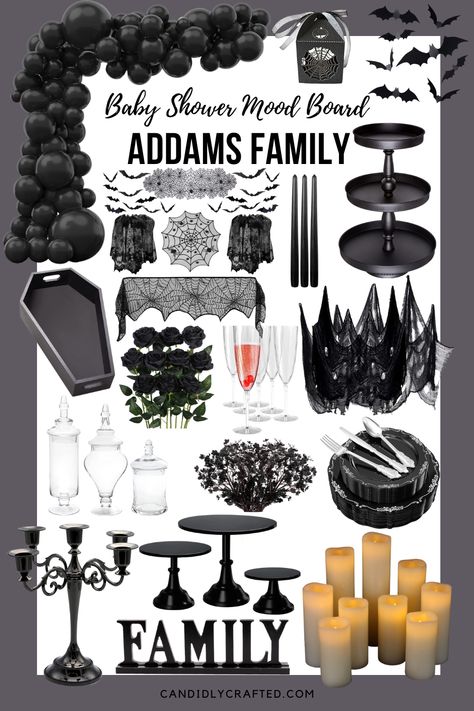 Wednesday Theme Halloween Party, Adams Family Bday Party, Wensday Adams Theme Party, Nevermore Academy Birthday Party, Halloween Theme Baby Shower Decorations, Adams Family Themed Party, Wensday Theme Party, Adams Family Party Ideas Food, Adam’s Family Birthday Party