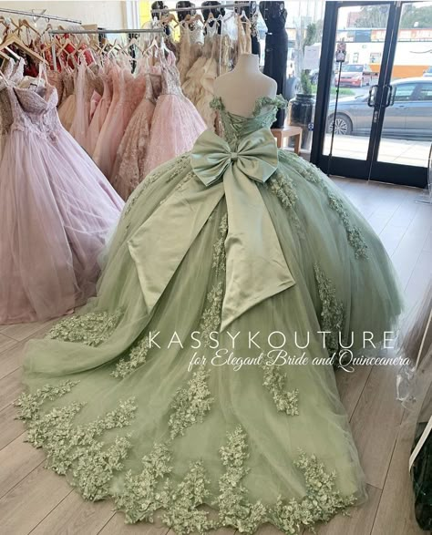 Sage Green Quinceanera Dresses, Sage Green Quince, Sage Green Quinceanera, Green Quince Dress, Ball Gown Floral, Green Quinceanera Theme, 15 Girls, Green Ball Gown, Green Quinceanera