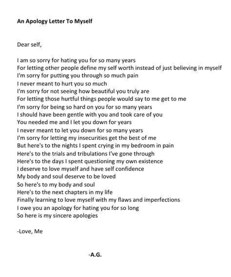 I wrote this poem for closure for myself because I hated myself for so many years due to my negative childhood. This is my letter to myself apologizing for all the pain I put my soul and body through. Apology Letter To Yourself, An Apology Letter To Myself, Quotes Deep Feelings For Myself, Apology Letter To Myself, Poems To Myself, Letter To Myself Deep Long, Letter To My Childhood Self, Apology To Myself Quotes, Letters To Myself Deep